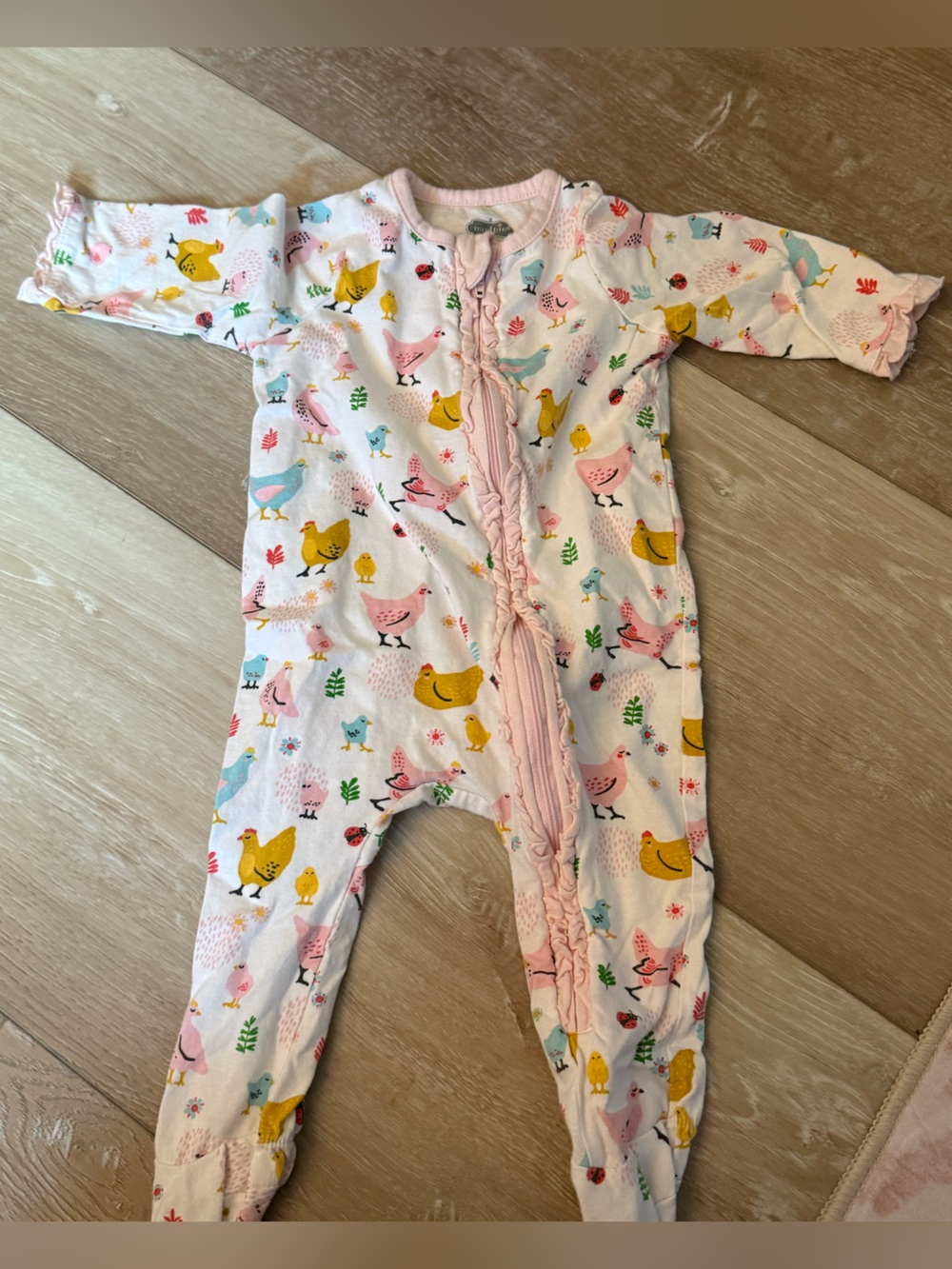 Mud Pie White Onesie with Pink, Yellow, Blue & Green Chicken Print